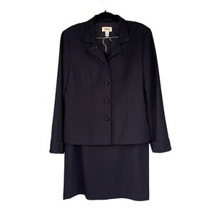 SK1 Vintage Talbots Navy Blue Beaded Collar Skirt Suit Set Blazer Skirt
